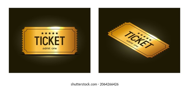 Set of 3d golden tickets. Isometric golden tickets with inscription "Ticket". Vector illustration.