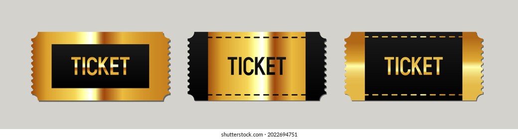 Set of 3d golden tickets. Three-dimensional golden tickets with inscription "Ticket". Vector illustration.