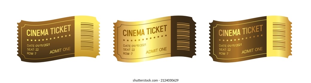 Set of 3d golden tickets. Waving golden tickets with inscription "admit one". Vector illustration.	