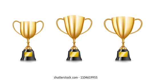 Set of 3D Golden trophy cups collection isolated on white background, for winner reward vector illustration