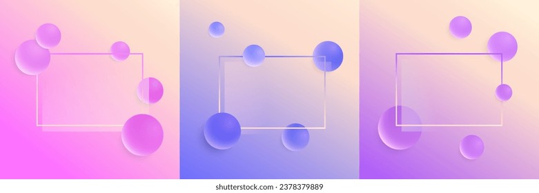 Set of 3d gradient background with transparent frame and balls. Modern realistic futuristic template with pink, blue, purple spheres. Vector illustration for text, Business card, print, brochure