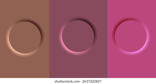 Set of 3D gradient circle frames background with copy space. Brown, purple and dark pink round podium in top view design, vector illustration