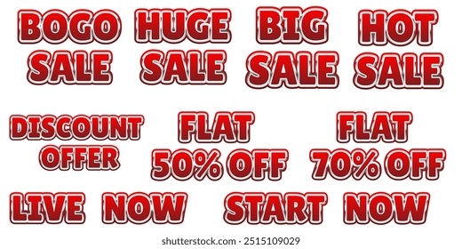 Set 3D-Farbverlauf Rot Sale Aufkleber für Unternehmen | Bogo-Verkauf | Wohnung 50% Rabatt | Wohnung 70% Rabatt | Rabattangebot 