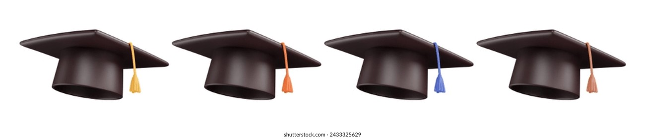 Set of 3D graduate hats with colorful tassels. Cartoon cap in plastic style. Vector illustration. Academic element render.
