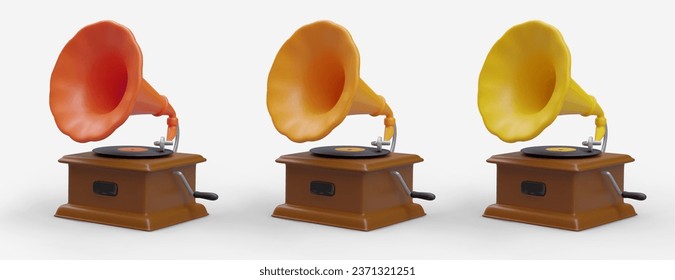 Set of 3D gramophones of different colors. Retro equipment for playing music record from record. Museum exhibit. Vintage style party props. Isolated vector image