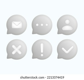 Set of 3D gray speak bubble text, chatting box, message box realistic vector illustration design. Mail icon, support, yes or no sign. Balloon 3D style of thinking sign symbol. On the white background.