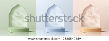 Set of 3D green, blue, yellow round podium background. Ramadan Kareem theme. Abstract composition minimalist design. Studio display showroom stand product pedestal, Fashion stage showcase mockup scene