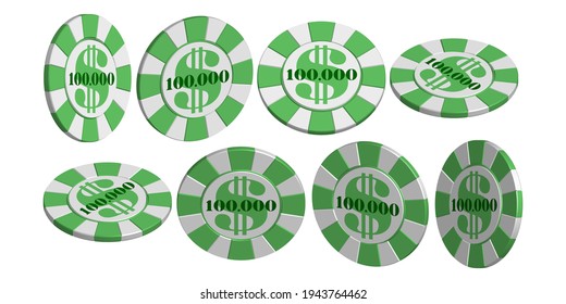 Set of 3D green casino chips on a white background. 100000 dollars denomination