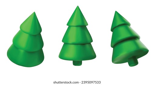 Set 3d green Christmas tree . Glossy New year and xmas abstract tree shapes.