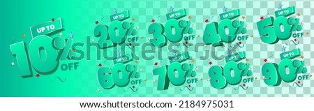 Set of 3D Green Discount numbers with confetti vector. Price off tag design collection. 10%, 20%, 30%, 40%, 50%, 60%, 70%, 80%, 90%, percent and dollar illustration.
