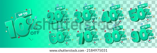 Set of 3D Green\
Discount numbers with confetti vector. Price off tag design\
collection. 10%, 20%, 30%, 40%, 50%, 60%, 70%, 80%, 90%, percent\
and dollar illustration.\
