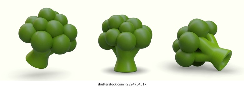 Set of 3D green ripe broccoli. Vector images from different sides. Dietary useful natural products. Fresh vegetables. Modern illustration in cartoon style