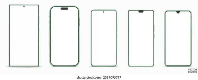 Set of 3D green smartphone mockup with white screen. Green mobile phone isolated on white background. 3d vector illustration