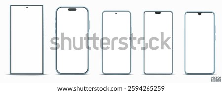 Set of 3D green smartphone mockup with white screen. Green mobile phone isolated on white background. 3d vector illustration