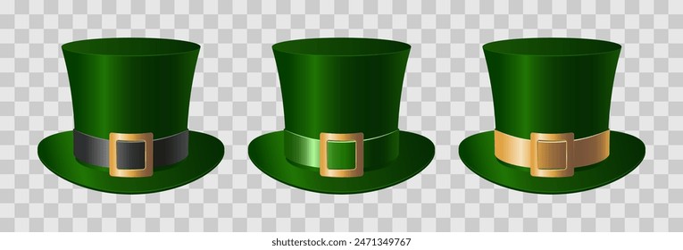 Conjunto de sombreros superiores verdes 3D con cinturones. Clipart para el día de Patrick.	