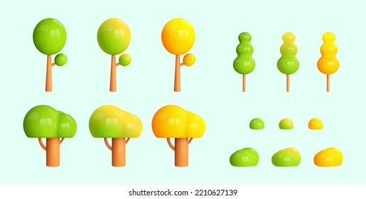 Icono de árboles verdes y amarillos 3d. Elemento de diseño para el bosque otoñal, jardín, parque, calle, escena ecológica. 3d representan plantas estilizadas para el juego, mapa. Ilustración del vector de dibujos animados