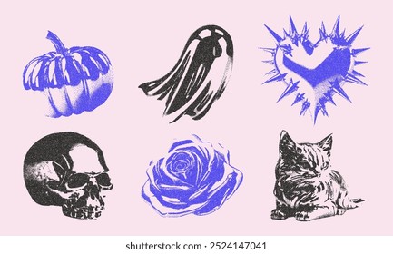 
Conjunto de Elementos de Halloween 3d con efecto de fotocopia retro. Los objetos futuristas son un gato, una calavera, un corazón, una rosa, en el estilo grunge utilizando metal. Vector.