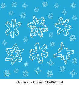 Set of 3D hand drawn snowflakes. Christmas seamless pattern. Vector illustration.
