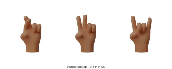 A set of 3D hand gestures, dark skin tone, showing a wide range of movements such as crossed fingers, peace sign and goat gesture. Emoticons for interface design in a cartoon style.