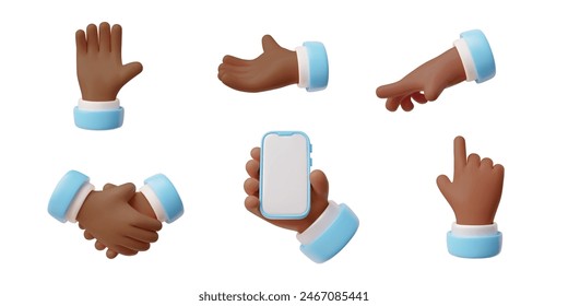 Set of 3D hand gestures. Vector illustration featuring various positions: pointing, holding, thumbs up, handshake, and a blank smartphone screen.