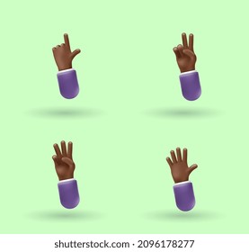 a set of 3d hand icons. Vector realistic gesture illustration, business clipart, dark hands isolated on white background. Plastic volumetric hand with dark skin for your design.