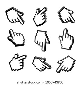 Set of 3D hand pointers. Set 3D pixel hand. 3D hand cursors icons set. Set hand pointers icons 3D isolated illustration on white background. Vector computer cursor