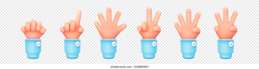 Set Of 3D Hand Showing One To Five Fingers And Fist Png Isolated On Transparent Background. Vector Illustration Of Human Palm Counting Business Steps, Pointing, Making Victory Gesture. Body Language