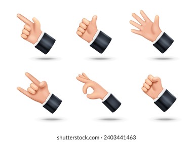 Set of 3D hands in cartoon style. Hand with different gesture sign