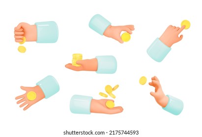 Set 3d hands hold money, gold coins. Online shop or bank icons. 3d design elements for business, financial, banking concept. Cartoon vector illustration.
