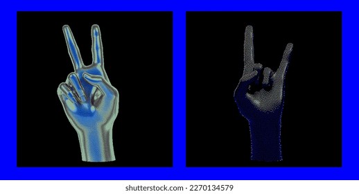 Set of 3D hands in pixel art style showing different gestures.