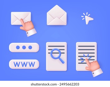 Set of 3d hands and pointers clicking on envelope and document. Navigation search for web browser. 3D Web Vector Illustrations.