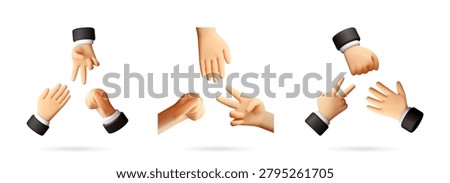 Set of 3d hands showing rock paper scissors game. Cartoon characters playing traditional hand gesture competition. Social interaction, fun rivalry and competitive play concept. Vector illustration