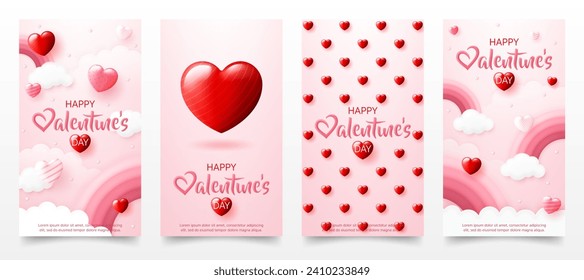 Set of 3d Happy valentine’s day invitation greeting card template. Pink rainbow, sweet heart background for valentine party, poster, online shop, store, sale promotion banner, web, social media post