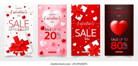 Set of 3D Happy valentine’s day sale banner template. special discount promotion sale offer with cute gift box, heart background for valentine online shop, store, advertising card, social media post