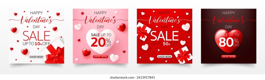 Set of 3D Happy valentine’s day sale banner template. special discount promotion sale offer with cute gift box, heart background for valentine online shop, store, advertising card, social media post