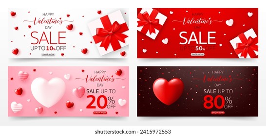 Set of 3D Happy valentine’s day sale banner template. special discount promotion sale offer with cute gift box, heart background for valentine online shop, store, advertising card, social media post