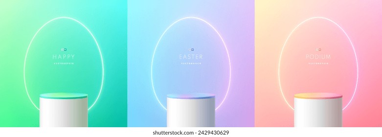 Set of 3D happy easter day podium background. Yellow, blue, pink and white podium with neon egg oval shape scene. Platforms mockup product display. Abstract composition minimal design. Stage showcase.