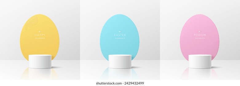 Set of 3D happy easter day background. White podium with Yellow, blue and pink oval egg shape backdrop scene. Pastel minimal abstract rooms. Mockup product display. Geometric platforms. Stage showcase