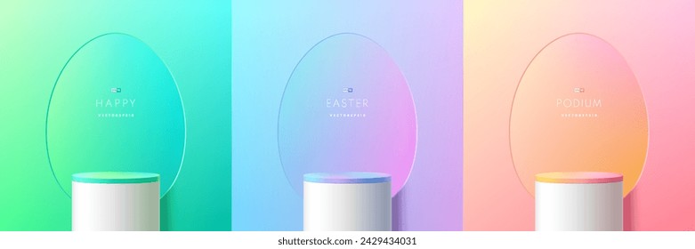 Set of 3D happy easter day podium background. Yellow, blue, pink, white podium with window eegg oval shape scene. Platforms mockup product display. Abstract composition minimal design. Stage showcase.