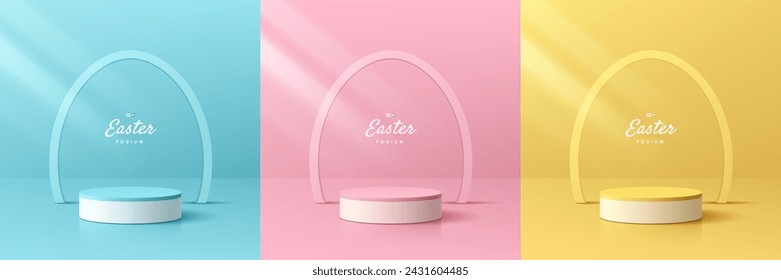 Set of 3D happy easter day background Yellow, blue, pink and white podium with frames oval egg shape backdrop. Pastel minimal abstract room. Mockup product display. Geometric platforms. Stage showcase