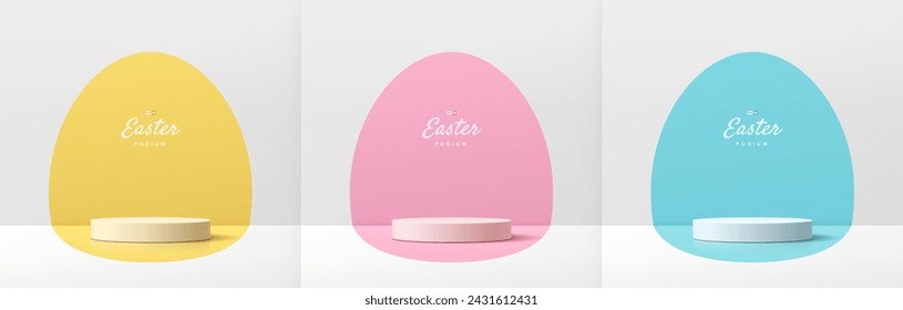 Set of 3D happy easter day background with white podium on yellow, blue, pink frames oval egg shape backdrop. Pastel minimal abstract room. Mockup product display. Geometric platforms. Stage showcase.