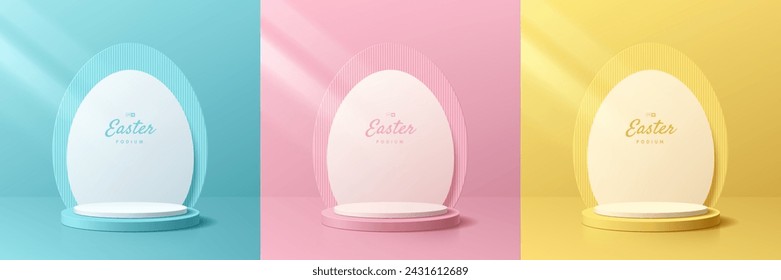 Set of 3D happy easter day background. Yellow, blue, pink and white podium with oval egg shape backdrop scene. Pastel minimal abstract room. Mockup product display. Geometric platforms. Stage showcase