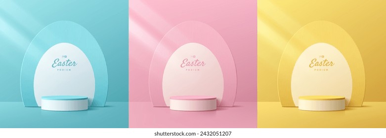 Set of 3D happy easter day background. Yellow, blue, pink and white podium with oval egg shape backdrop scene. Pastel minimal abstract room. Mockup product display. Geometric platforms. Stage showcase