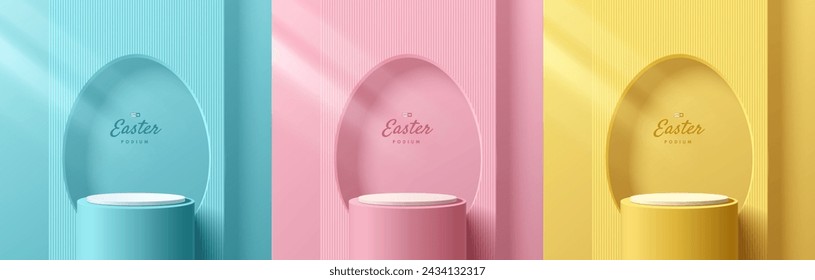 Set of 3D happy easter day background. Yellow, blue, pink and white podium with oval egg shape backdrop scene. Pastel minimal abstract room. Mockup product display. Geometric platforms. Stage showcase