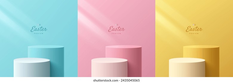 Set of 3D happy easter day background. Yellow, blue, pink and white podium in oval egg shape backdrop scene. Pastel minimal abstract room. Mockup product display. Geometric platforms. Stage showcase.