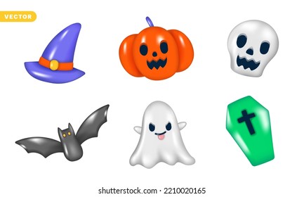 Set of 3D Happy Halloween Decorative Elements Objects Holiday Cartoon Icon Trick or Treat Spooky Boo, Bat, Coffin, Skull, Ghost, Witch Hat, Pumpkin, Jack O Lantern Vector Illustration Pack Bundle