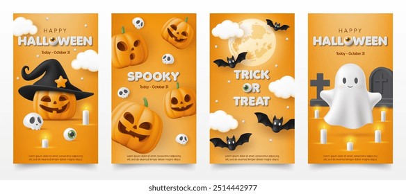 Set of 3d Happy Halloween invitation card template with pumpkin, moon, skull, cute ghost on orange background. Spooky party poster, online shop, sale promotion banner store, web and social media post