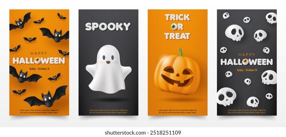 Set of 3d Happy Halloween invitation card template with pumpkin, moon, skull, cute ghost on orange background. Spooky party poster, online shop, sale promotion banner store, web and social media post