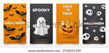 Set of 3d Happy Halloween invitation card template with pumpkin, moon, skull, cute ghost on orange background. Spooky party poster, online shop, sale promotion banner store, web and social media post