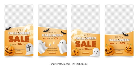 Set of 3d happy halloween sale banner template. special discount promotion sale offer with pumpkin, ghost on orange background. online shop, store, advertising, flyer, poster, web, social media post